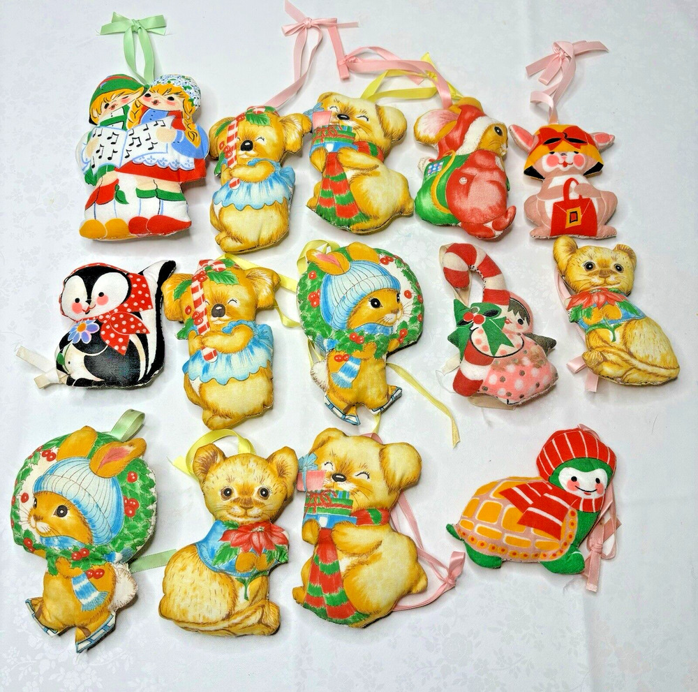 Lot of 14 Handmade Vintage Fabric Ornaments Patchwork Animals & Holiday Characte